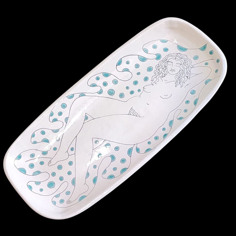Studio Pottery Art Plate by Michele Dross Mythology Water Nude Naughty Polka Dot